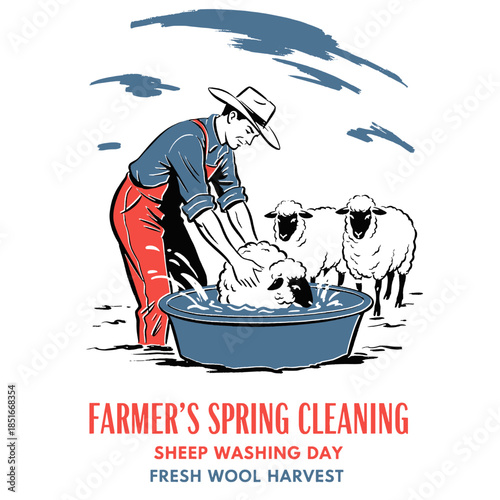 Farmer Sheep Washing Day, Vintage Graphic Wool Harvest, Retro Farm Illustration, Livestock Care, Spring Cleaning, Agricultural Worker, Rancher, Rural