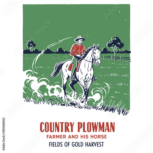Country Plowman, farmer on white horse in green field, vintage illustration, harvest poster art, retro farming print, rural life, agriculture theme