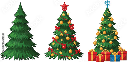 Set of three evergreen Christmas trees including plain natural spruce decorated holiday tree with ornaments and gift boxes on white background