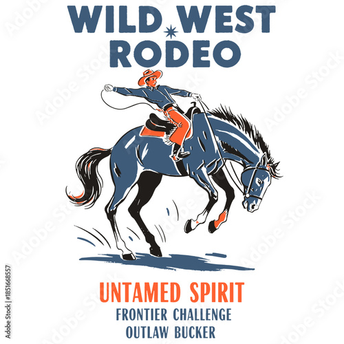 Wild West Rodeo vector illustration, untamed spirit, cowboy riding bucking bronco, vintage apparel print, western design, outlaw bucker graphic, retro