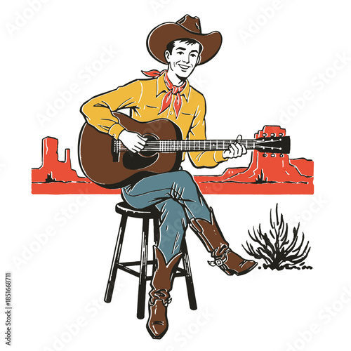 Cowboy playing guitar vintage illustration, western music retro graphic, desert country folk Americana style mascot design, classic art