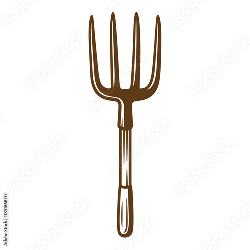 Brown illustrated pitchfork isolated on white background for gardening or farming concept
