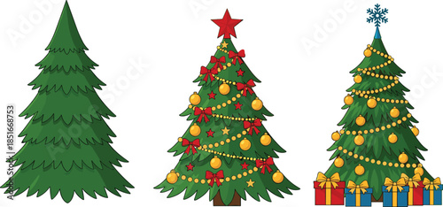 Set of three evergreen Christmas trees including plain natural spruce decorated holiday tree with gold ornaments and blue gift boxes