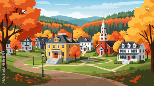 Charming Autumn Village Scene with Colorful Foliage and Traditional Architecture