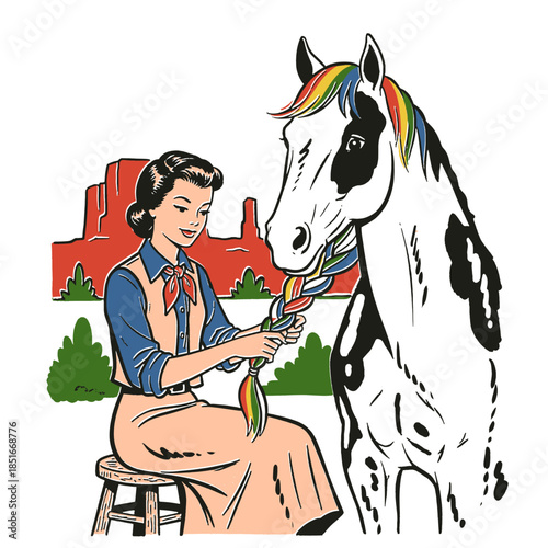 Cowgirl braiding rainbow horse mane illustration, vintage western design, retro desert artwork, mid-century cowgirl graphic, rock formations, ranch life, vector art