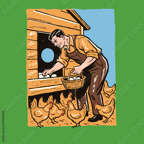 Farmer collecting eggs illustration, retro vintage comic style, man in overalls working on farm, chicken coop, agriculture, rural life, livestock, harvesting eggs