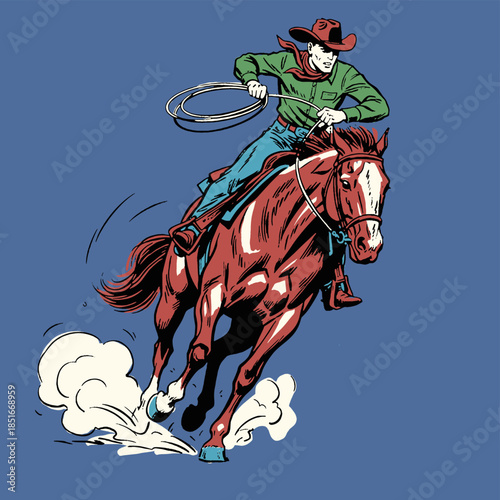Western cowboy riding galloping horse vector illustration, vintage rodeo graphic, retro comic pop art style, wild west adventure, lassoing action.