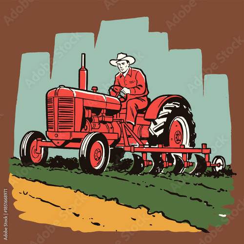 Vintage farmer plowing field illustration, retro agricultural machinery, classic red tractor, country farm work, rural labor vector art, 1950s style