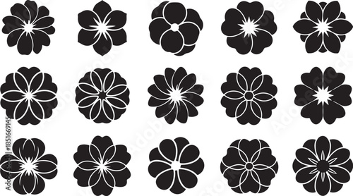 Elegant black floral icons set with white outlines