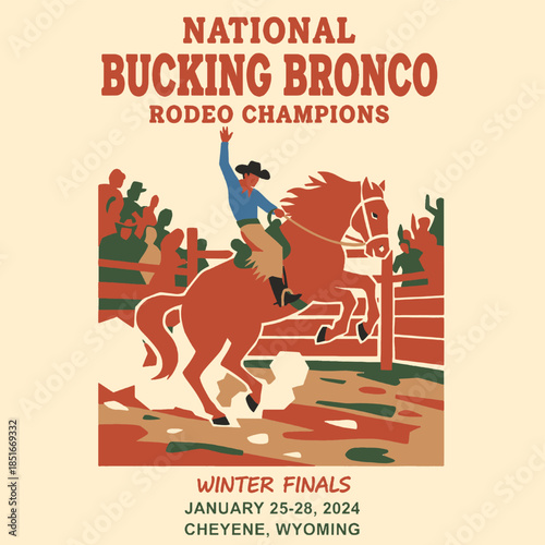 National Bucking Bronco Rodeo Champions poster, vintage western typography, cowboy bronc rider illustration, wild west sport competition, action, energy, event promotion, retro graphic design