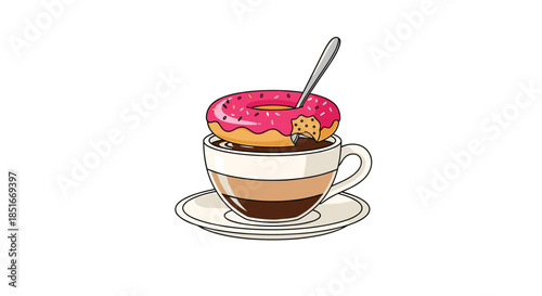 Cartoon illustration of a pink-frosted donut with a spoon in it, resting on a layered coffee cup with a saucer.