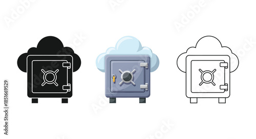 Cloud storage safe icon set representing secure data backup and protection in solid, color, and outline styles