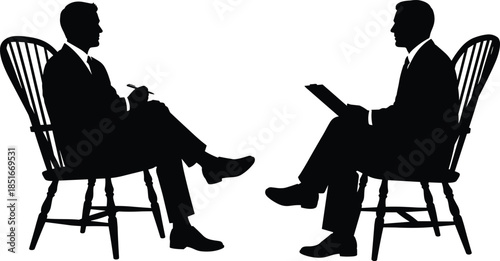 Business interview concept, professional conversation between two executives, job interview discussion, corporate meeting silhouette, recruitment consultation,