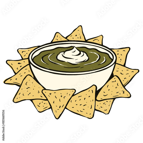 Mexican food, tortilla chips and dip, guacamole bowl, corn chips, sour cream, vintage illustration, hand drawn snack food artwork, retro doodle style