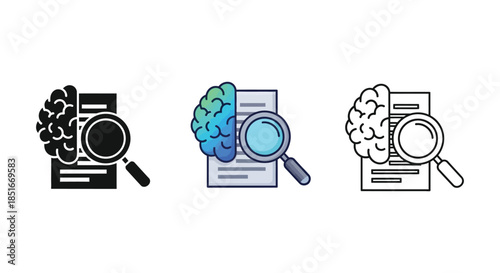 Brain research and document analysis icon set in solid, color, and outline styles representing psychology investigation and data review
