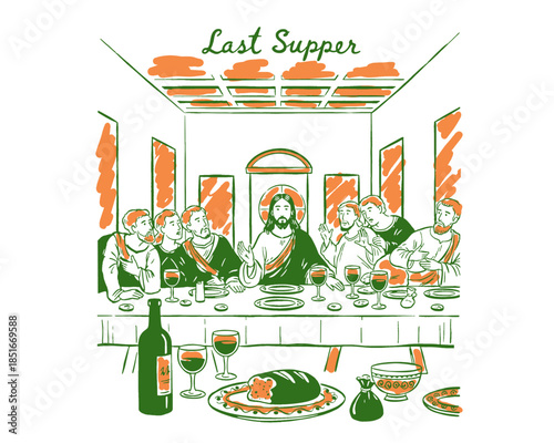 Last Supper vintage illustration, retro Christ apostles dining, Jesus disciples meal, biblical scene t-shirt print design, religious art, sacred event, green orange drawing