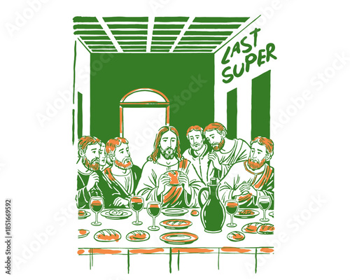 Jesus Last Super parody illustration, religious graphic design, vintage screen print style, modern pop art, disciples, holy communion, bread and wine symbolism