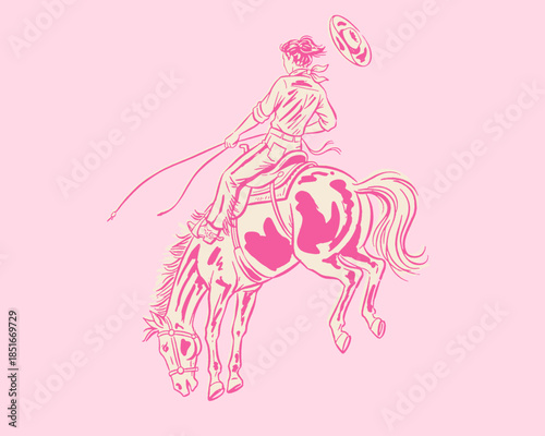 Pink rodeo bucking horse illustration, cowgirl vintage print design, western graphic, retro art, cowboy riding bronco, wild west, equestrian sport, pop art pink, distressed