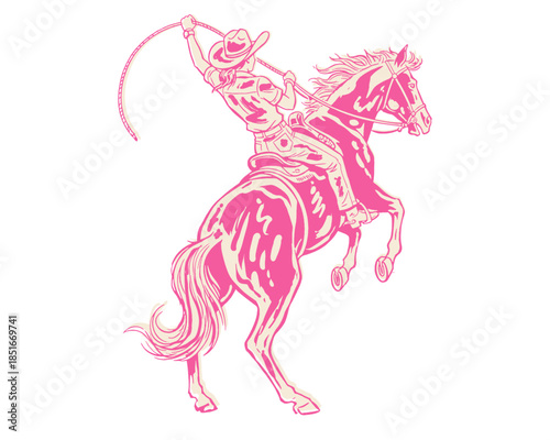 Cowgirl rodeo illustration, vintage western print, wild west poster art, rearing horse, lasso, pink retro design, bucking bronco, cowgirl style apparel graphic