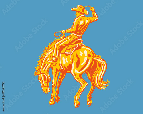 Rodeo cowboy on bucking bronco, vintage graphic illustration, wild west equestrian design, retro screen print art, old-fashioned poster, bold colors, action, western sport, mascot, vector