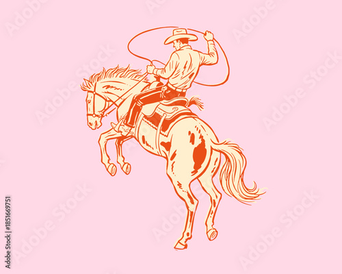 Cowboy on bucking horse vintage rodeo illustration, wild west theme, retro print design, western graphic, lasso, horseman, rugged, Americana, pink background