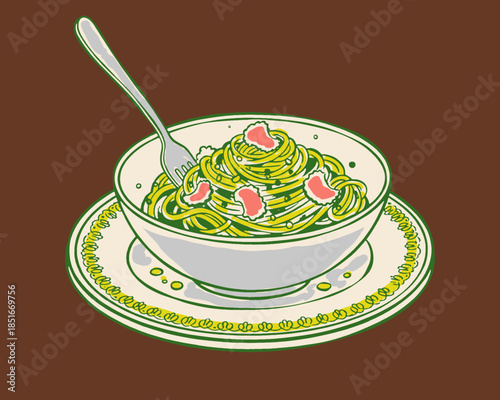 Retro pasta illustration, spaghetti bowl, vintage food poster design, Italian dinner, pesto spaghetti, hand drawn style, fork and noodles, comfort food graphic, restaurant artwork, diner sign