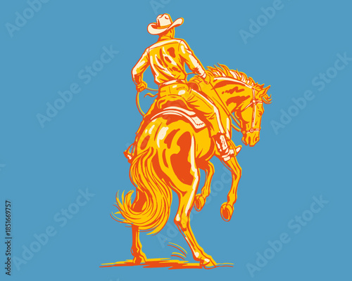 Cowboy on bucking horse, western vintage illustration, bronco rider rodeo art, wild west design, bright pop art colors, retro graphic, yellow orange blue