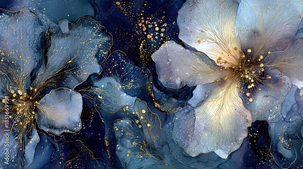 custom made wallpaper toronto digitalFloral design with blue and gold details in abstract style showing flowers and paint strokes on a dark background