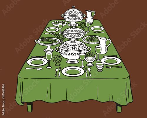 Vintage dinner party illustration, formal dining table setting, ornate china, lavish feast, retro green tablecloth, holiday celebration, mid-century style vector, upscale banquet