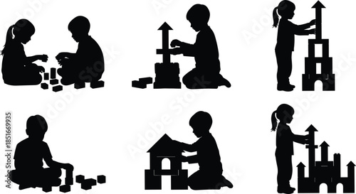Children silhouette playing with building blocks, early childhood education, creativity, learning, development, construction toys, teamwork, imagination, growth, skills, kids, play, 