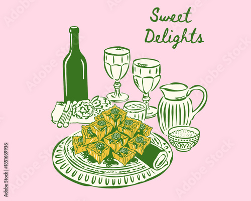 Vintage Baklava illustration, Middle Eastern sweets, Turkish dessert, sweet life text, retro sketch, green line art on pink, tea time, pastry, vector, food, print design