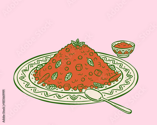 Rice dish illustration, pilaf, couscous, food art, vintage kitchen print, jollof rice style, red rice, middle eastern cuisine, doodle, retro graphic design