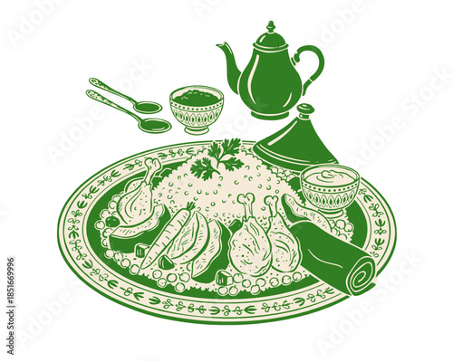 Moroccan cuisine vintage food illustration, tagine couscous chicken dish graphic, North African middle eastern menu design, traditional teapot sketch