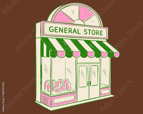 General Store retro illustration, vintage small shop facade, green pink awning, local market, 70s pop art style, hand drawn retail building, throwback design