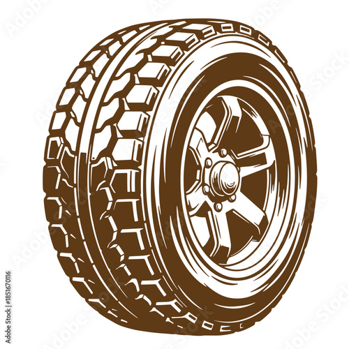 Detailed brown sketch of a rugged off road vehicle tire and wheel in vintage style