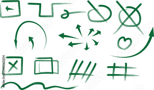 A collection of 12 green hand drawn symbols and icons on a white background