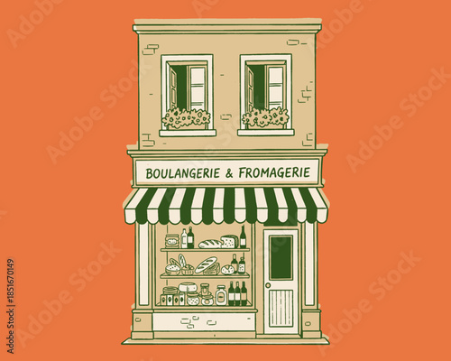 French shop facade, Boulangerie Fromagerie illustration, vintage European storefront, bakery cheese store, retro drawing, Parisian street food, artisanal, bread, cheese, vector, cafe