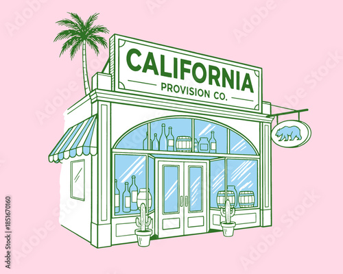 California provision co store illustration, retro vintage shop, west coast design, palm tree, cactus, pink background art, grizzly bear logo, storefront, retail