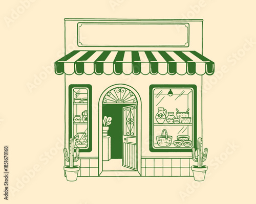 Artisan shop storefront illustration, small business retail facade, vintage drawing, pottery ceramic craft boutique, striped awning, cactus, local market, retro line art