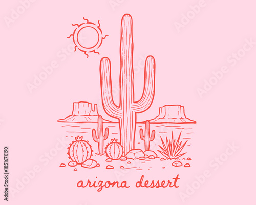 Arizona desert saguaro cactus landscape illustration, southwest retro drawing, pink minimal line art, botanical western typography print, vintage summer heat