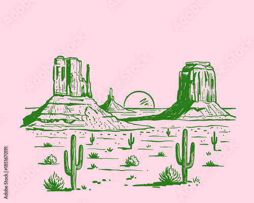 Southwest desert landscape illustration, Monument Valley buttes, green cactus, pink background, vintage screen print design, retro western, arid nature, utah arizona art
