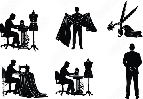 Fashion tailoring silhouettes set, professional tailor sewing suit, designer cutting fabric, custom menswear atelier workflow, sewing machine, pattern making, 