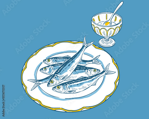 Sardines on plate, vintage fish illustration, retro seafood appetizer, blue yellow white aesthetic, hand drawn vector art, Mediterranean cuisine, snack menu design