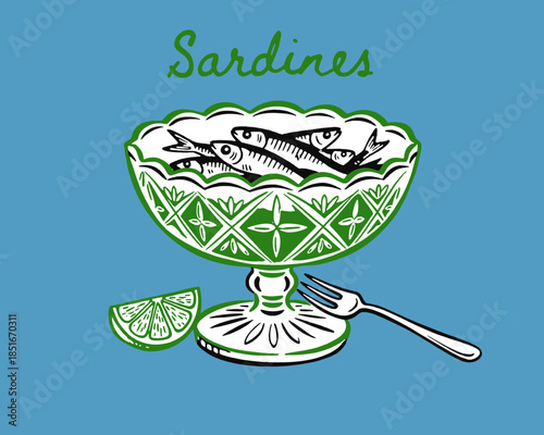 Sardines retro illustration, fish appetizer, vintage food art, small fish, crystal bowl, carved glass, seafood poster, blue background, lime, coastal kitchen decor, restaurant menu design