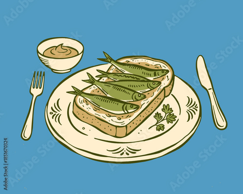 Vintage sardines on toast illustration, retro seafood snack, tinned fish, sprat, pilchard, open sandwich, blue background, hand-drawn food art, lunch, appetizer