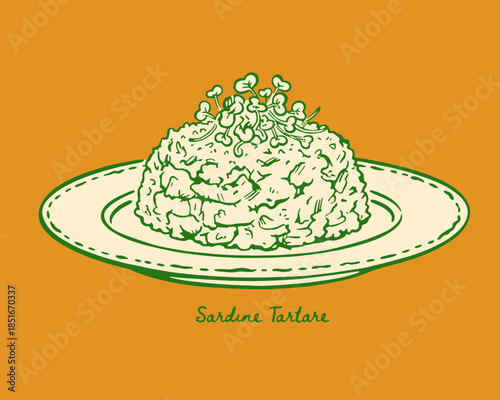 Sardine Tartare vintage illustration, hand drawn seafood appetizer, raw fish vector graphic, retro style menu design, gourmet plate serving, microgreens topping