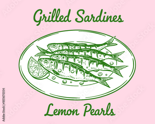 Grilled Sardines and Lemon Pearls illustration, vintage seafood sketch, retro menu design, fish food drawing, green pink, mediterranean cuisine, gourmet