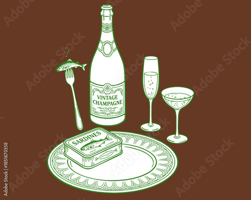 Vintage Champagne and Sardines illustration, luxury appetizer, fine dining poster, gourmet seafood, retro outline artwork, high-low snack, celebration vector