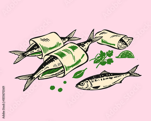 Vintage sardine illustration, fish rolls, appetizers, retro seafood drawing, marine food, pickled fish, pink background, lime and herbs, Portuguese tapas, engraved style, graphic design