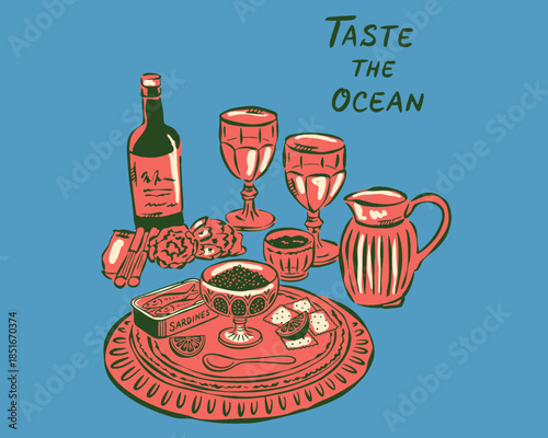 Caviar sardines appetizer vintage illustration, gourmet seafood art print, wine bottle glasses, luxury retro poster, taste the ocean, risograph style graphic